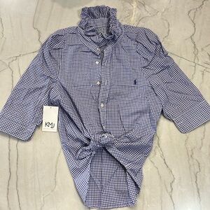 NWT KMJ Bontina Polo Ruffle Neck Puff Sleeve Top